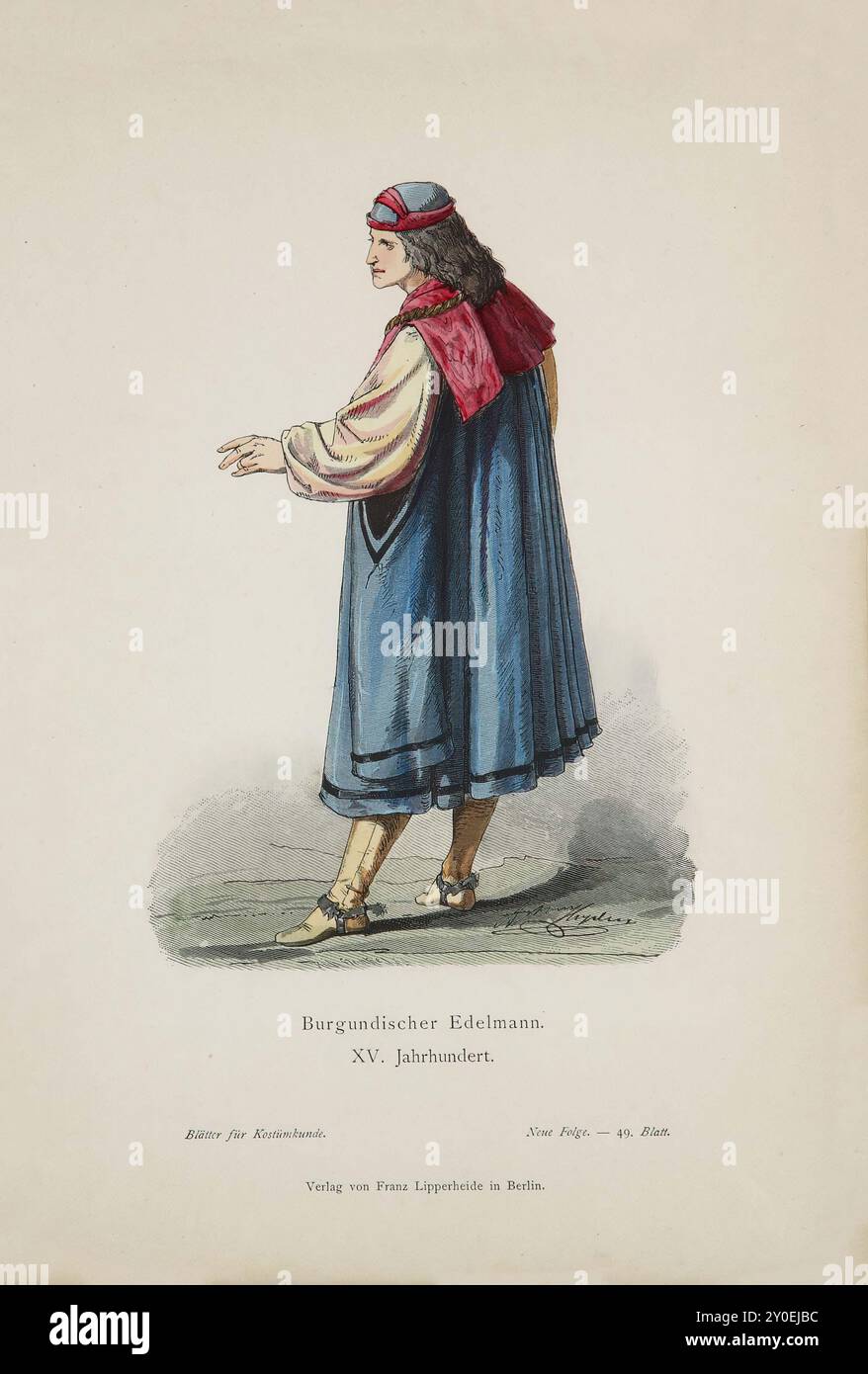 Costumi storici e popolari d'Europa. Nobile borgognone. XV secolo. Il nostro cavaliere indossa una cravatta blu con una stretta finitura nera, quest'ultima forse in velluto; la lunga e larga manica è appesa quasi al fondo della cravatta e consente di spingere la manica attraverso un'ampia fessura; un doppio colletto del doppietto in damasca rossa annaffiato adorna le spalle e si collega al collo come una piccola piega; la ricca catena dorata viene indossata sopra la doppietta. Stivali alti in pelle gialla, che raggiungono il ginocchio, con spure grandi e pesanti color argento, coprono i baci. La testa della nostra cavalla Foto Stock