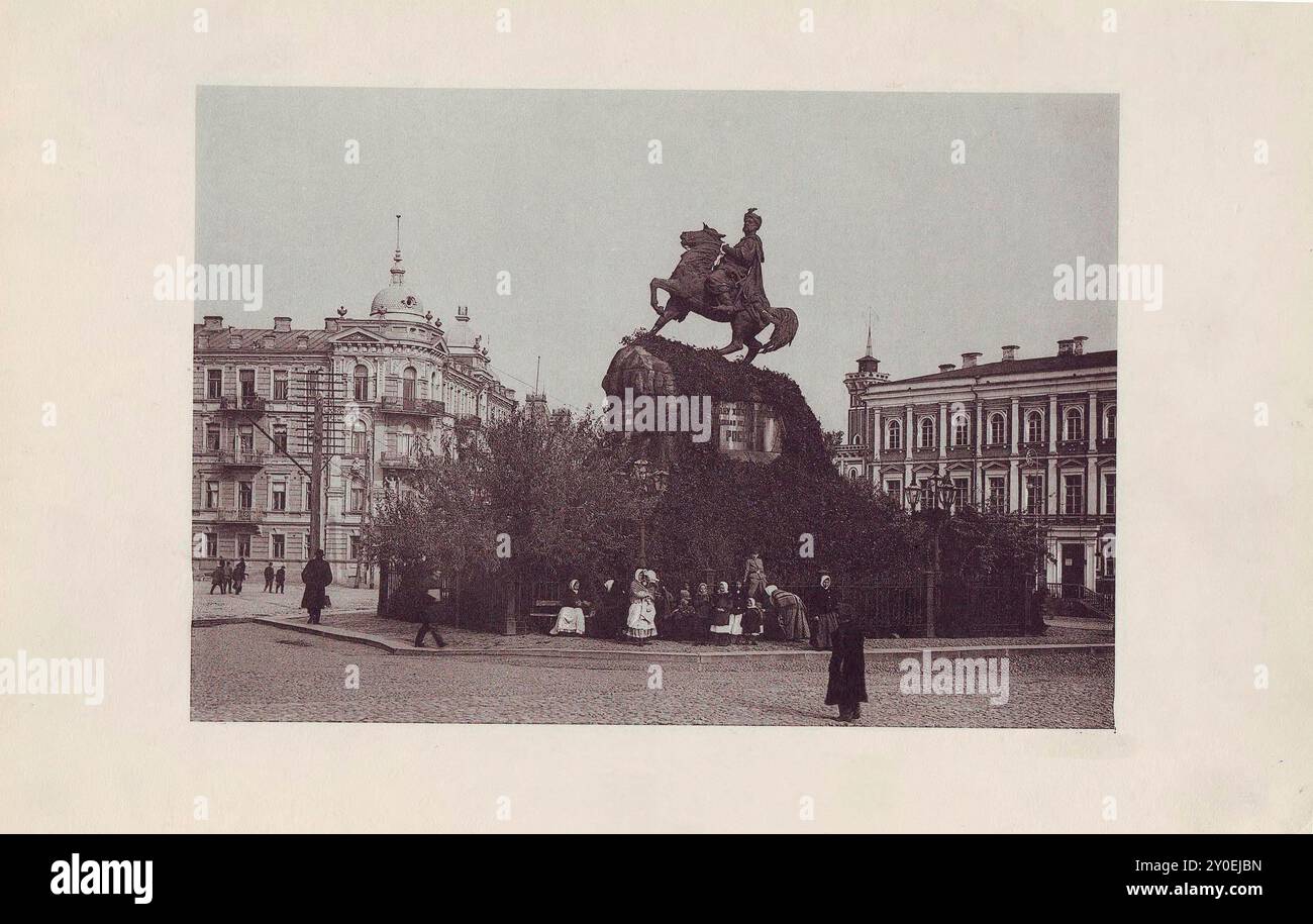 Foto del 19th secolo del monumento di Bohdan Khmelnytsky a Kyiv. Ucraina, Impero Russo. 1886-1896 Foto Stock