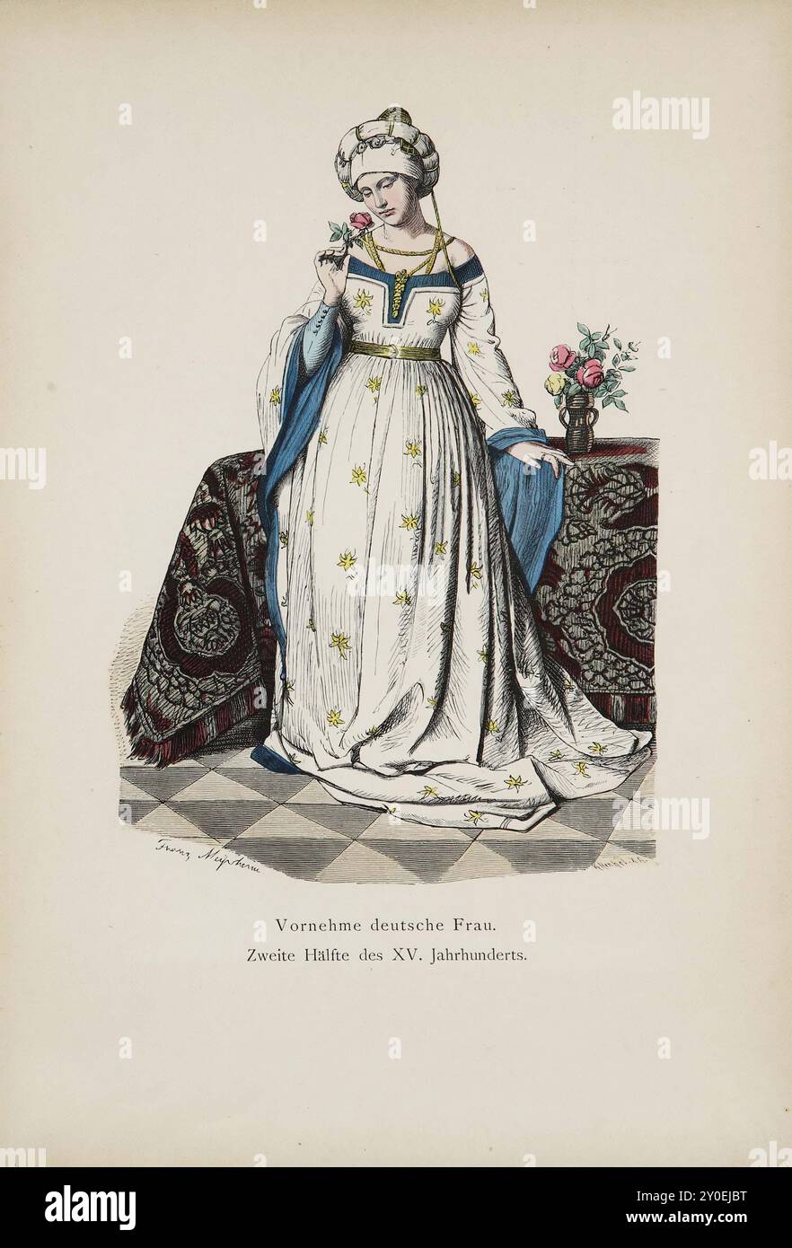 Costumi storici e popolari d'Europa. Nobile donna tedesca. Seconda metà del XV secolo. E' il costume di una nobile donna di quel tempo. L'abito, realizzato in pregiato tessuto di lana bianca ricoperto da fiori gialli, che potrebbero essere stati intrecciati nella seta, mostra il collo e il petto con uno scollo piuttosto profondo. Si aggancia alla parte superiore del corpo senza vincoli e si allarga in numerose pieghe a breve distanza sotto il busto, riunendosi intorno alla vita in una cintura dorata con fibbia. Le maniche sono larghe, a forma di campana e quasi toccano il terreno in corrispondenza della punta. L'intera gonna sembra essere foderata di blu favoloso Foto Stock