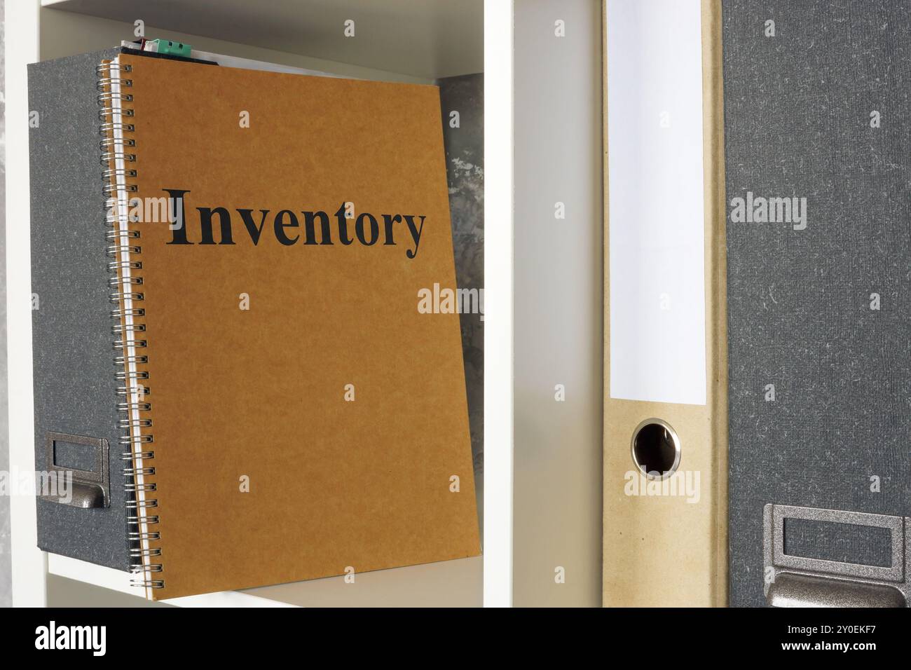 Scaffale e libro dell'ufficio intitolato inventario. Organizzazione aziendale e gestione delle risorse. Foto Stock