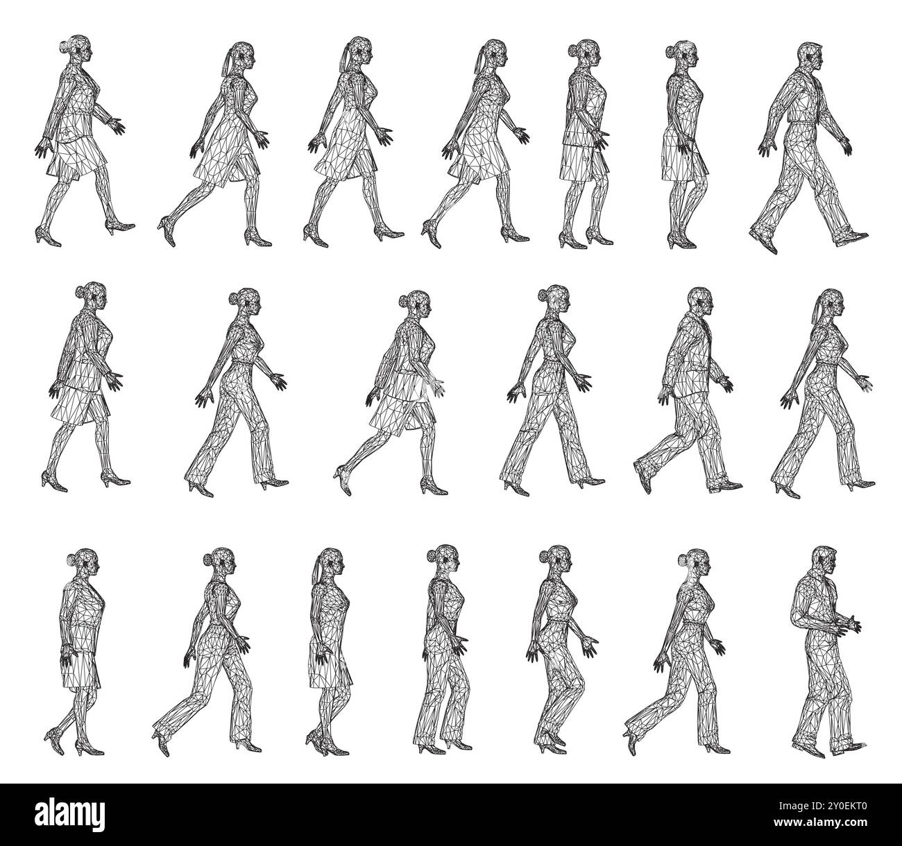 Ambientato con contorni di persone che camminano da linee nere isolate su sfondo bianco. Uomini e donne che camminano. Illustrazione vettoriale. Illustrazione Vettoriale