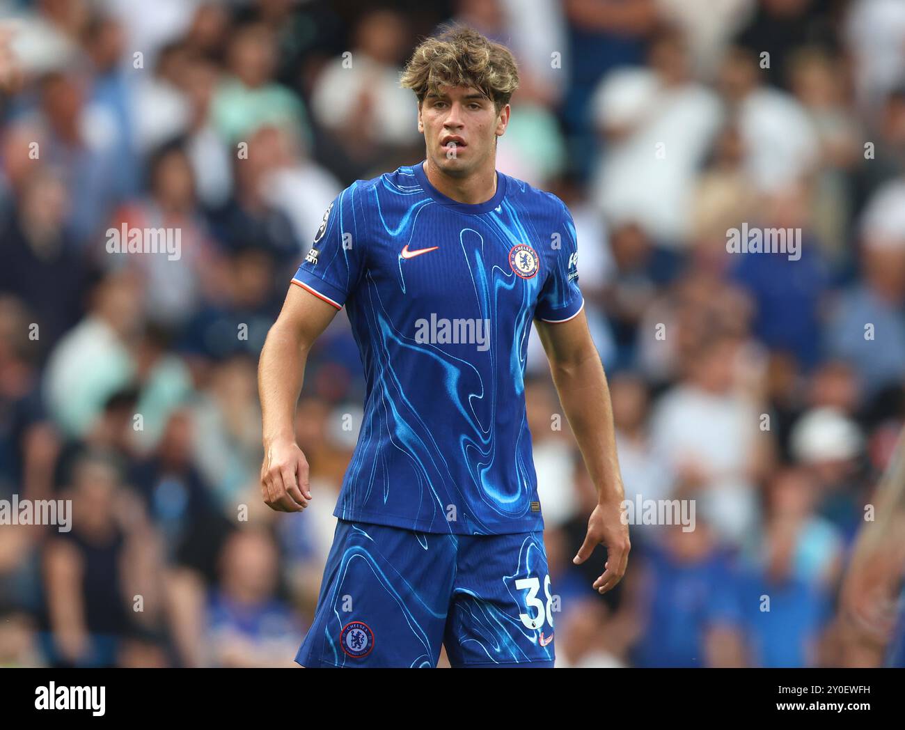 Marc Guiu di Chelsea. - Chelsea contro Manchester City, Premier League, London Stadium, Londra, Regno Unito - 18 agosto 2024. Solo per uso editoriale - si applicano restrizioni DataCo. Foto Stock