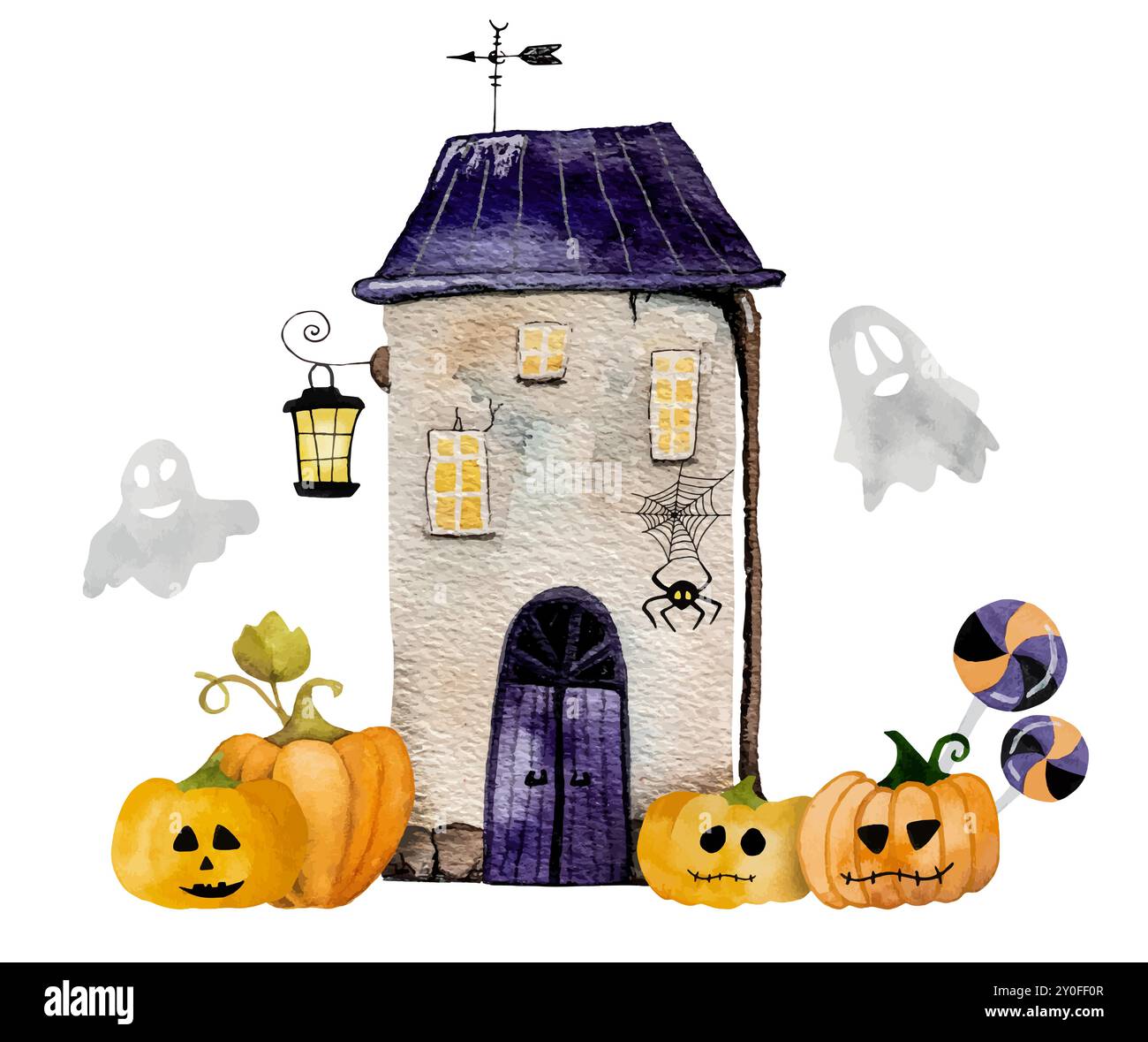 L'illustrazione vettoriale dell'acquerello disegnata a mano presenta Una piccola casa con le zucche, perfetta come Un Clipart di Halloween Illustrazione Vettoriale