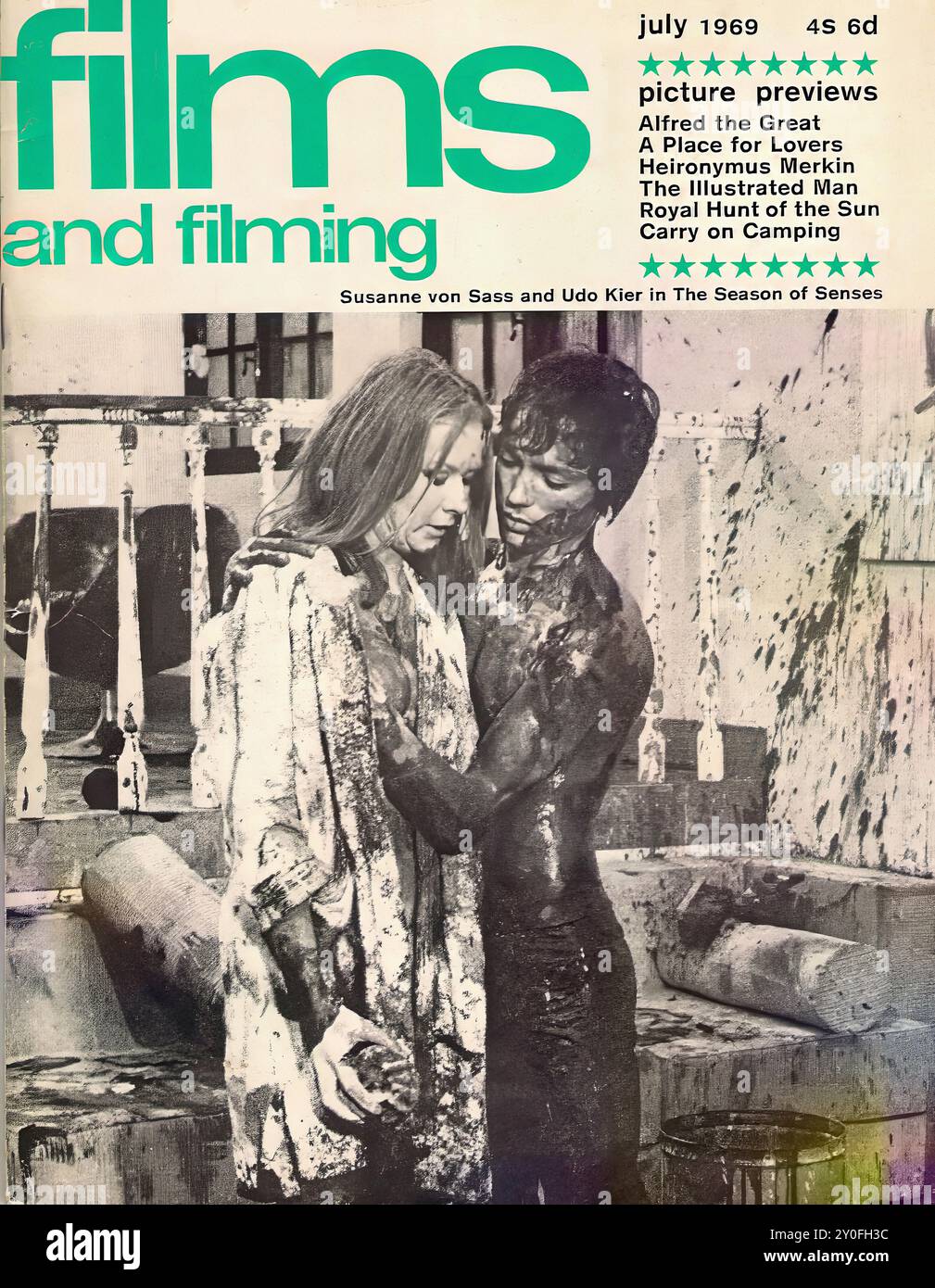 Film e riprese lug 1969 - copertina della rivista d'epoca - fotografo sconosciuto - trascrizione di testo [ film e riprese luglio 1969 anteprime 6d Alfred il grande Un posto per gli amanti Heironymus Merkin l' uomo illustrato caccia reale del sole portano avanti Camping Susanne von Sass e Udo Kier nella stagione dei sensi ] SOLO PER USO EDITORIALE ! Foto Stock