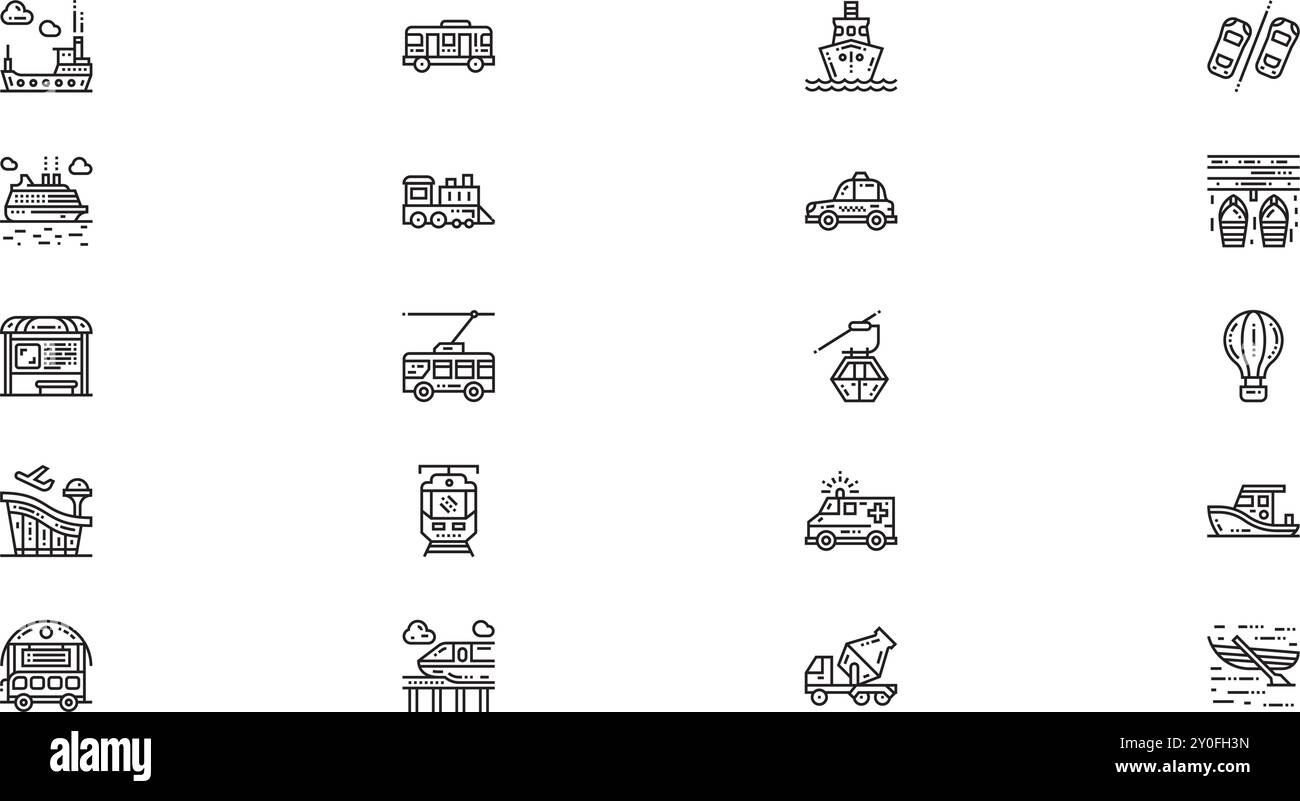 Icone dei trasporti pubblici Collezione di icone vettoriali di alta qualità con tratto modificabile. Ideale per progetti professionali e creativi. Illustrazione Vettoriale