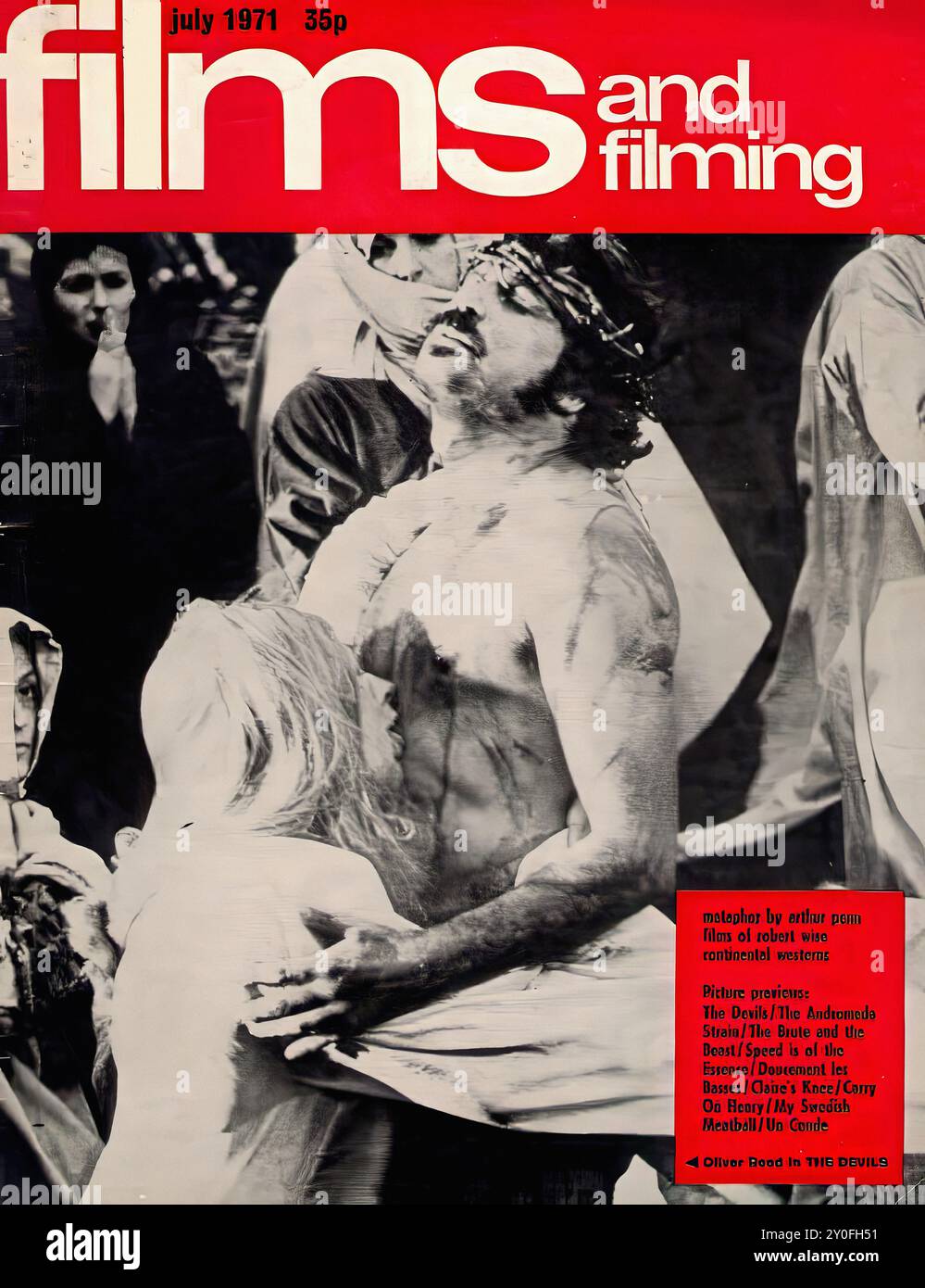 Film e riprese lug 1971 - copertina della rivista Vintage - fotografo sconosciuto - trascrizione di testo [ luglio 1971 35p film anding metafora di artlar pome filans di robert wiso WESTERN continentali Anteprima d' immagine: The Devils / The Andromeda Strain / The Brute and the Beast / Speed is of the Essence / Doucement les Basses / Gaine's Knee / Carry on Henry / My Swedish Meatball / un de Oliver Rood - SOLO PER l' EDITORIALE DEVILS ! Foto Stock