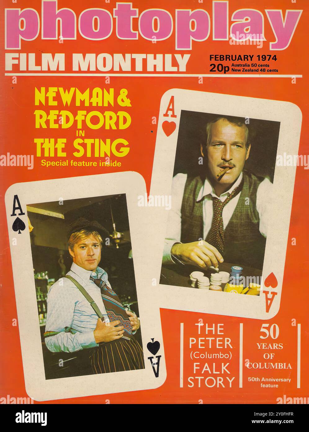 Photoplay Film Monthly Feb 1974 - copertina della rivista d'epoca - fotografo sconosciuto - trascrizione di testo [ Photoplay FILM MENSILE NEWMAN & REDFORD IN THE STING Special Feature Inside FEBRUARY 1974 20p Australia 50 centesimi nuova Zelanda 48 centesimi A V THE PETER (Columbo) FALK STORY 50 YEARS OF COLUMBIA 50th Anniversary Feature ] SOLO PER USO EDITORIALE ! Foto Stock