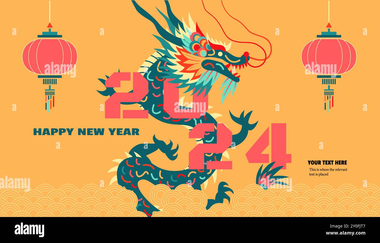 Capodanno cinese, 2024 Capodanno lunare asiatico - anno del drago: Un drago che salta fuori dal mare e dalle lanterne. Stile decorativo geometrico moderno Chin Illustrazione Vettoriale