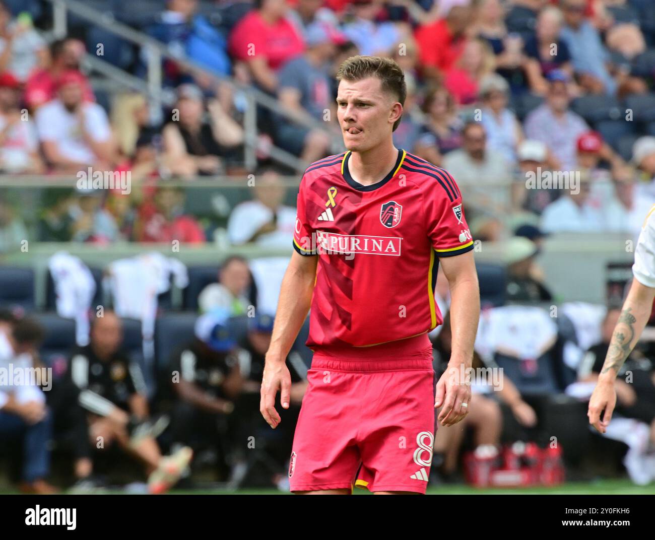 St. Louis, Stati Uniti. 1 settembre 2024. Chris Durkin, centrocampista del St. Louis City (8). STL City ha ospitato LA Galaxy in una partita della Major League Soccer allo STL CITYPARK Stadium di St. Louis, Missouri, domenica 1 settembre 2024. Foto di Tim Vizer/Sipa USA credito: SIPA USA/Alamy Live News Foto Stock