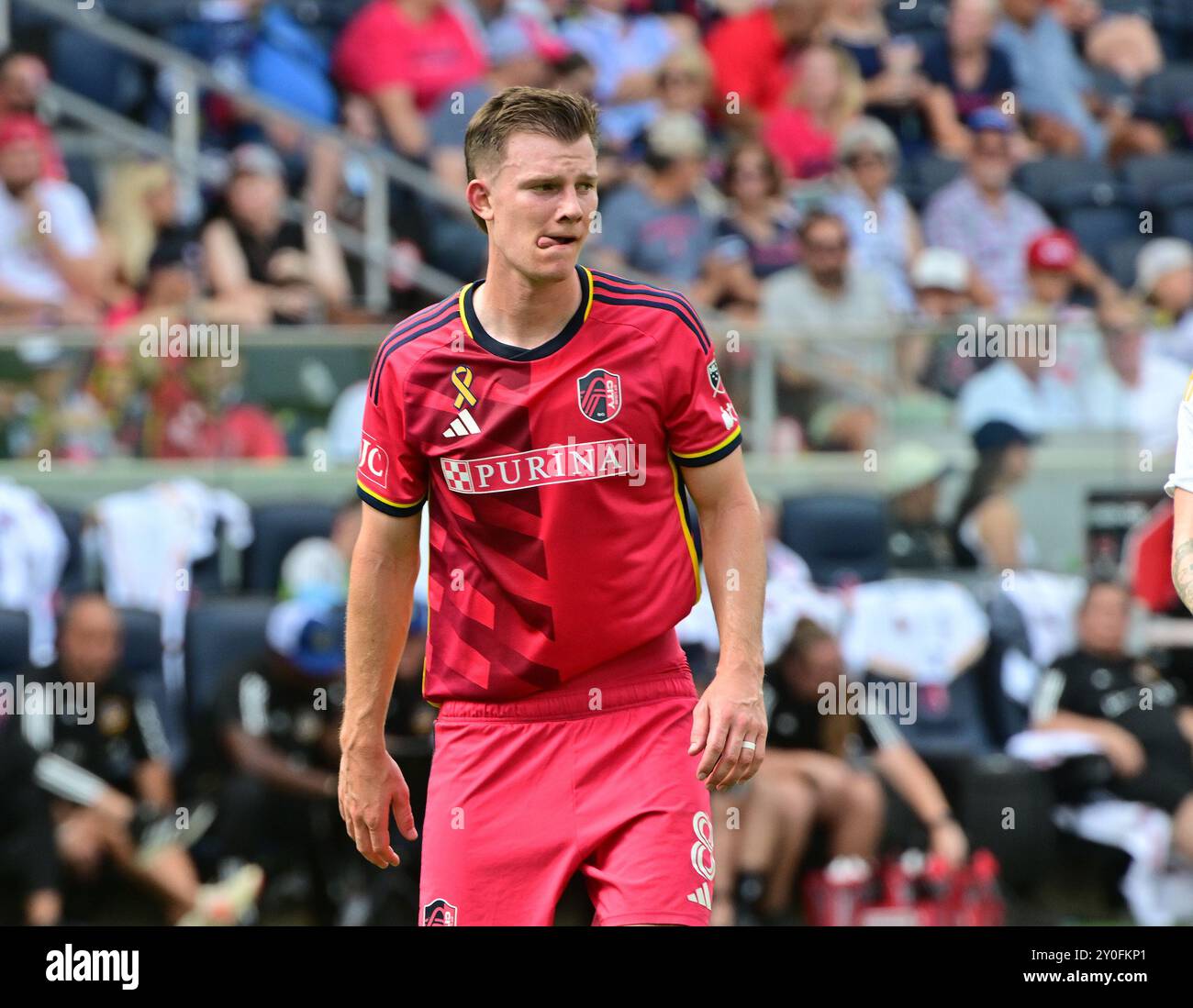 St. Louis, Stati Uniti. 1 settembre 2024. Chris Durkin, centrocampista del St. Louis City (8). STL City ha ospitato LA Galaxy in una partita della Major League Soccer allo STL CITYPARK Stadium di St. Louis, Missouri, domenica 1 settembre 2024. Foto di Tim Vizer/Sipa USA credito: SIPA USA/Alamy Live News Foto Stock