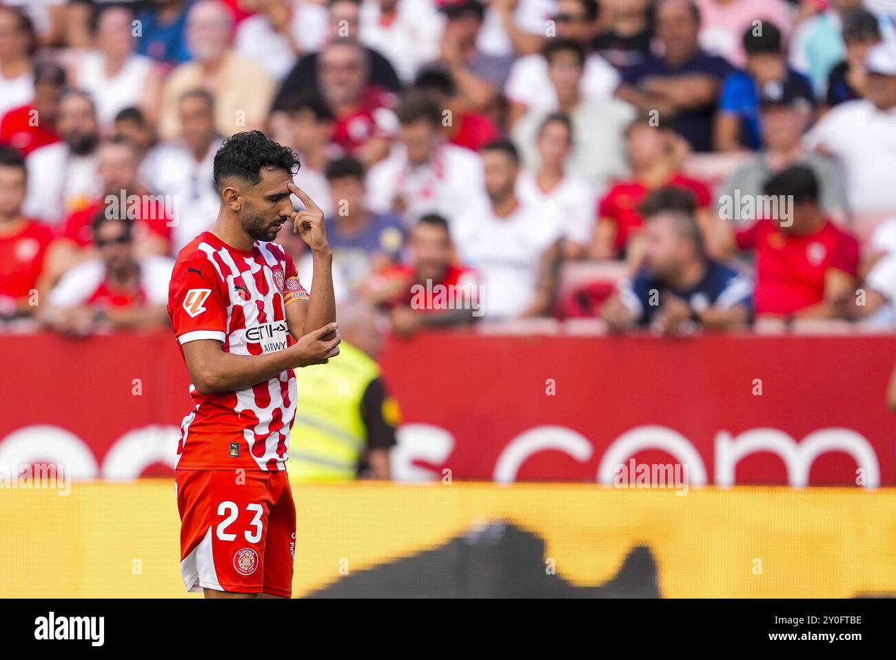 Ivan Martin del Girona FC celebra un gol durante il campionato spagnolo, la Liga EA Sports, partita di calcio giocata tra Siviglia FC e Girona FC allo stadio Ramon Sanchez-Pizjuan il 1 settembre 2024, a Siviglia, Spagna. Foto Joaquin Corchero / Spagna DPPI / DPPI Foto Stock