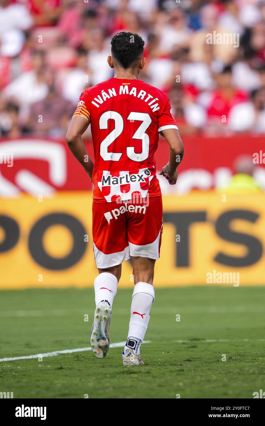 Ivan Martin del Girona FC celebra un gol durante il campionato spagnolo, la Liga EA Sports, partita di calcio giocata tra Siviglia FC e Girona FC allo stadio Ramon Sanchez-Pizjuan il 1 settembre 2024, a Siviglia, Spagna. Foto Joaquin Corchero / Spagna DPPI / DPPI Foto Stock
