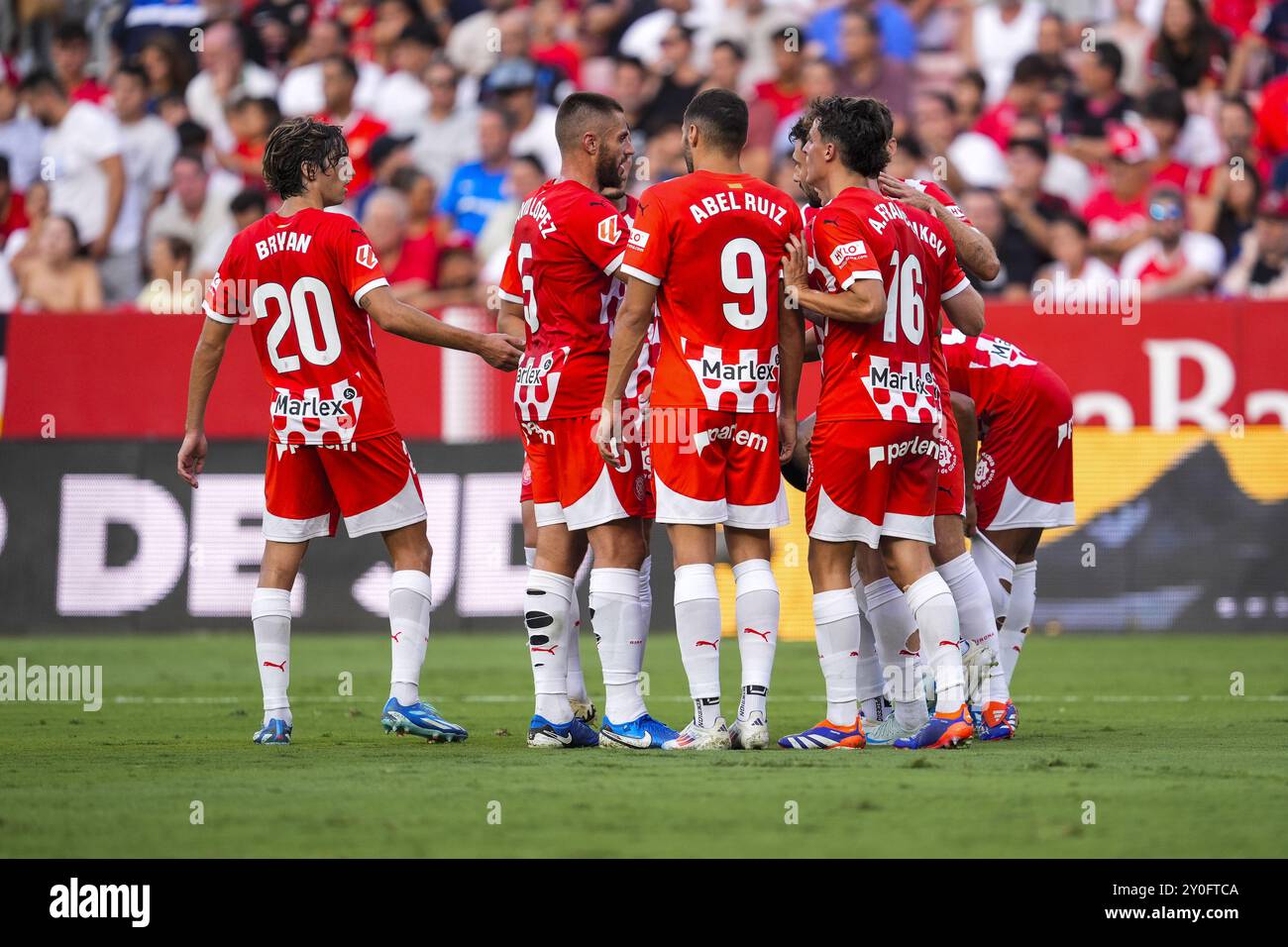 Ivan Martin del Girona FC celebra un gol durante il campionato spagnolo, la Liga EA Sports, partita di calcio giocata tra Siviglia FC e Girona FC allo stadio Ramon Sanchez-Pizjuan il 1 settembre 2024, a Siviglia, Spagna. Foto Joaquin Corchero / Spagna DPPI / DPPI Foto Stock