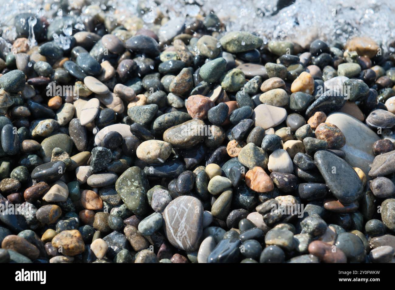 Pietre colorate di ciottoli sulla spiaggia, pietre di ciottoli sulla riva del mare, primo piano delle foto Foto Stock