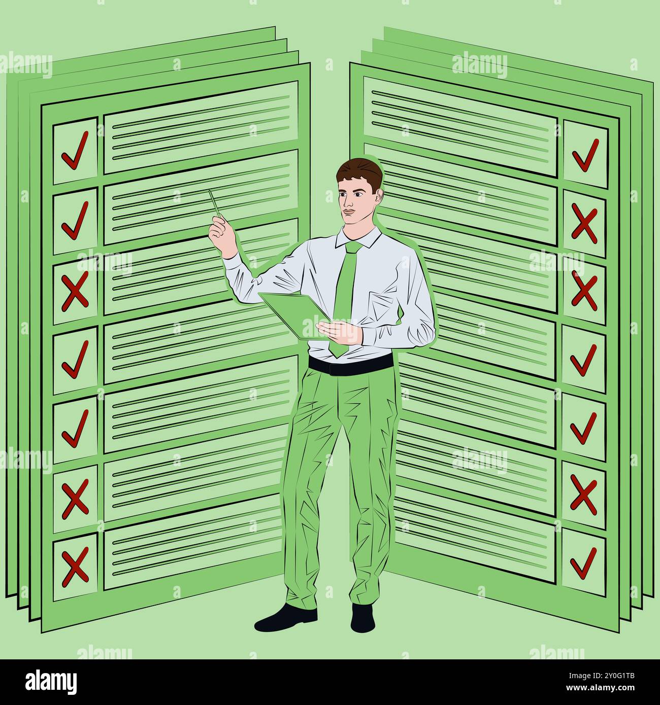 Uomo che ricerca i risultati del sondaggio per identificare e comprendere i problemi durante il processo decisionale. Concetto di business. Illustrazione vettoriale. Illustrazione Vettoriale