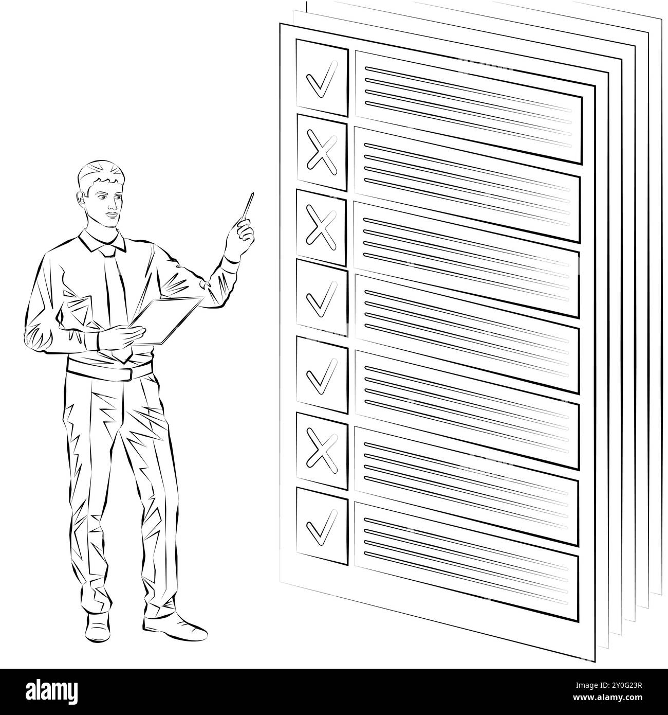 Uomo che ricerca i risultati del sondaggio per identificare e comprendere i problemi durante il processo decisionale. Concetto di business. Schizzo. Illustrazione vettoriale. Illustrazione Vettoriale