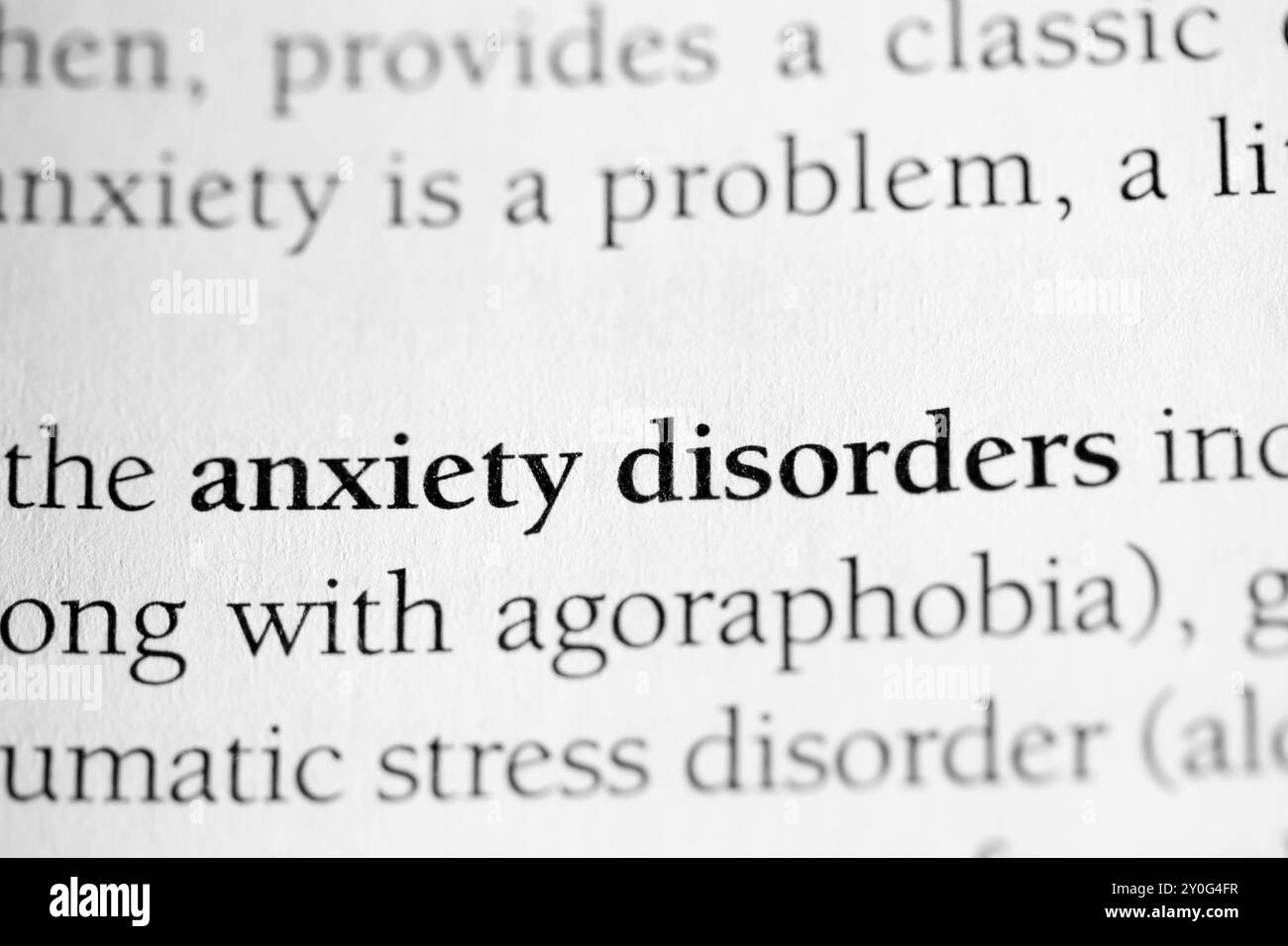 Primo piano delle parole "disturbi d'ansia" in Psychology Textbook Foto Stock