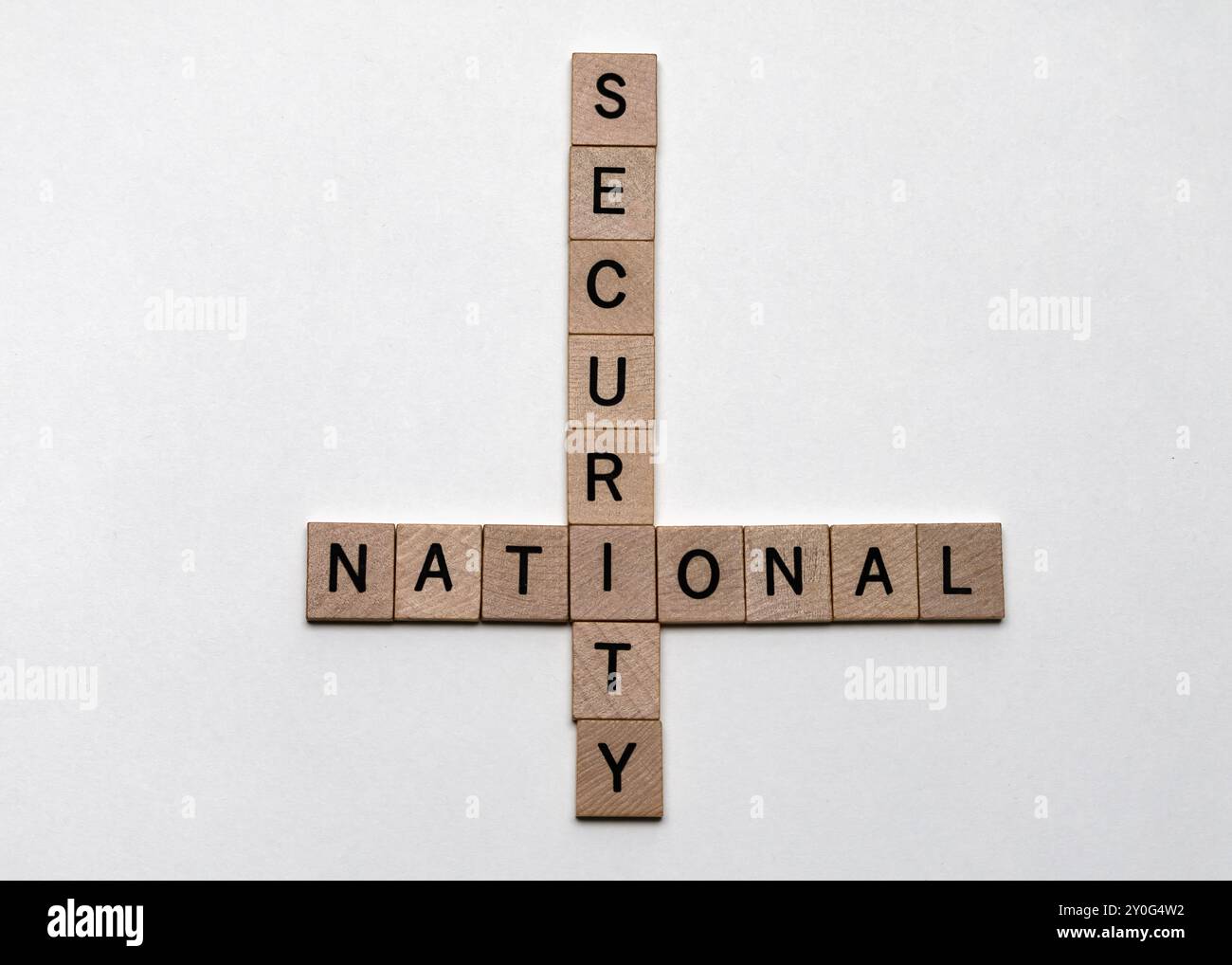 Primo piano di piastrelle di legno che formano un puzzle di parole incrociate con le parole "nazionale" e "sicurezza" - concetto di sicurezza e protezione nazionale Foto Stock