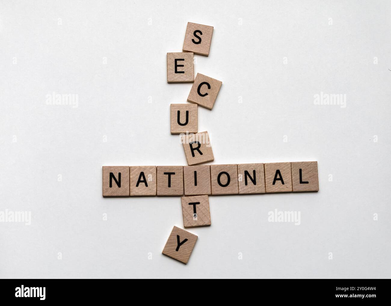 Primo piano di piastrelle di legno che formano un puzzle di parole incrociate con le parole "nazionale" e "sicurezza" - concetto di sicurezza e protezione nazionale Foto Stock