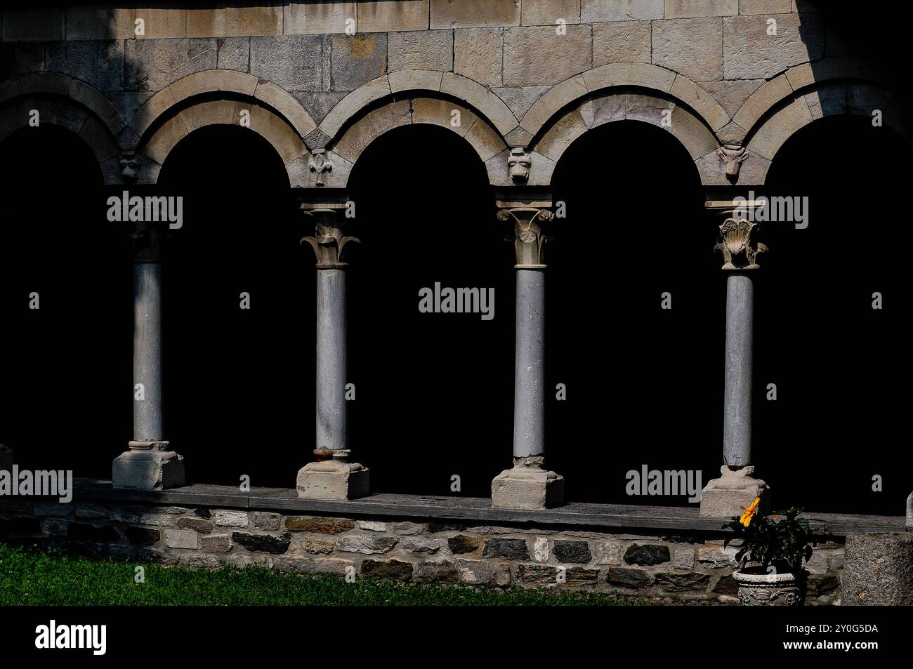 Porticato romanico del chiostro, costruito intorno al 1242, presso l'Abbazia di Piona, Colico, Lombardia, Italia. Tre delle colonne cilindriche mostrate in questa immagine sono sormontate da teste di animali scolpite; l'altra è sormontata da un design in fleur-de-lis. Foto Stock