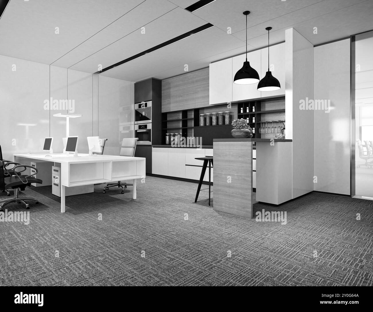 3D render moderno ufficio di lavoro interno Foto Stock