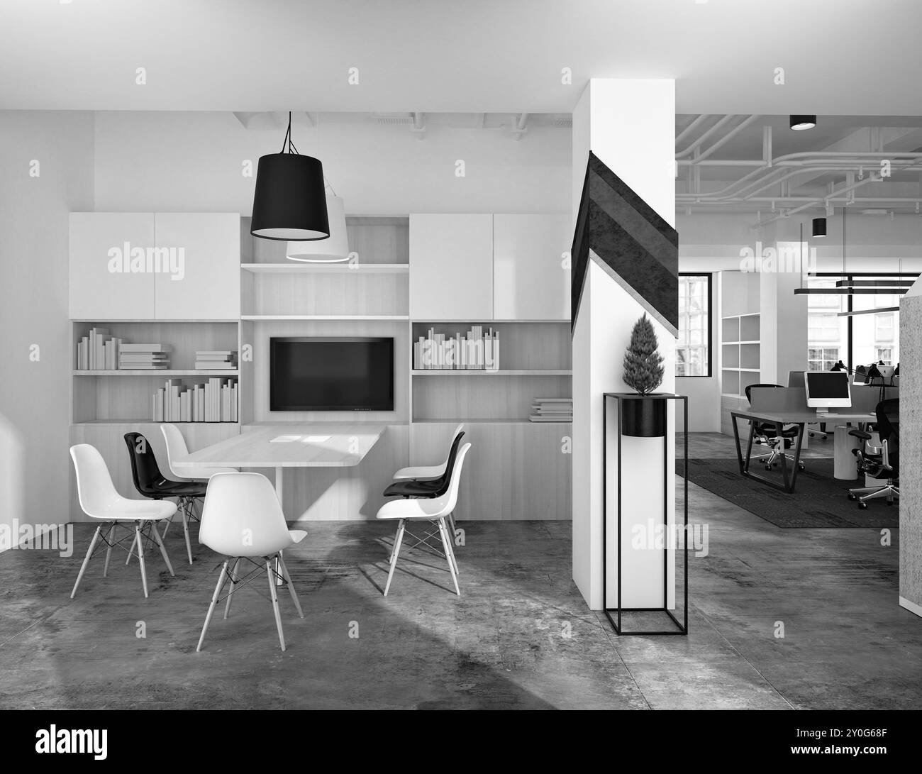 3D render moderno ufficio di lavoro interno Foto Stock