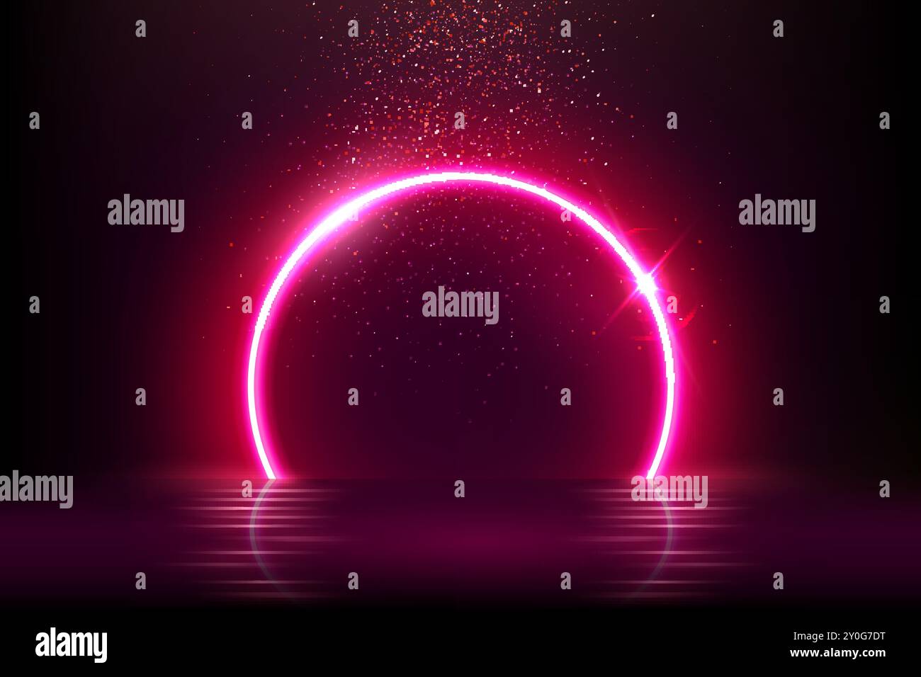 Cerchio di luce al neon rosso con riflessi sull'illustrazione del vettore d'acqua. Anello ROSSO brillante astratto, cornice tonda lucida del laser per poster o. Illustrazione Vettoriale