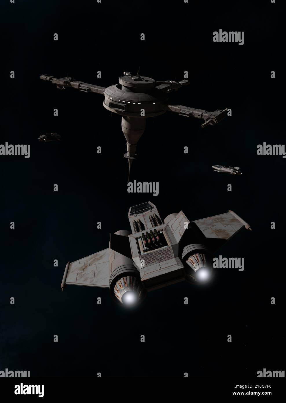 Veicolo spaziale Single Seater Fighter in avvicinamento a una stazione spaziale Foto Stock