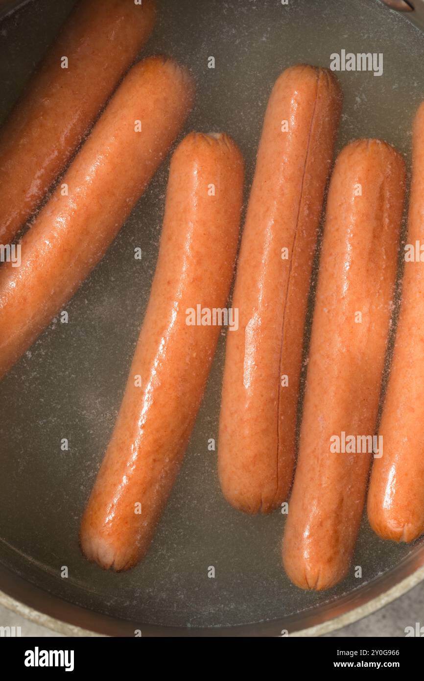 Cani caldi fatti in casa all'americana bolliti in acqua Foto Stock
