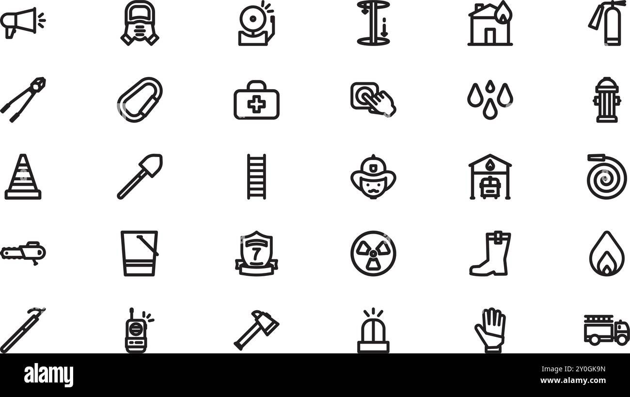 Icone dei vigili del fuoco Collezione icone vettoriali di alta qualità con tratto modificabile. Ideale per progetti professionali e creativi. Illustrazione Vettoriale