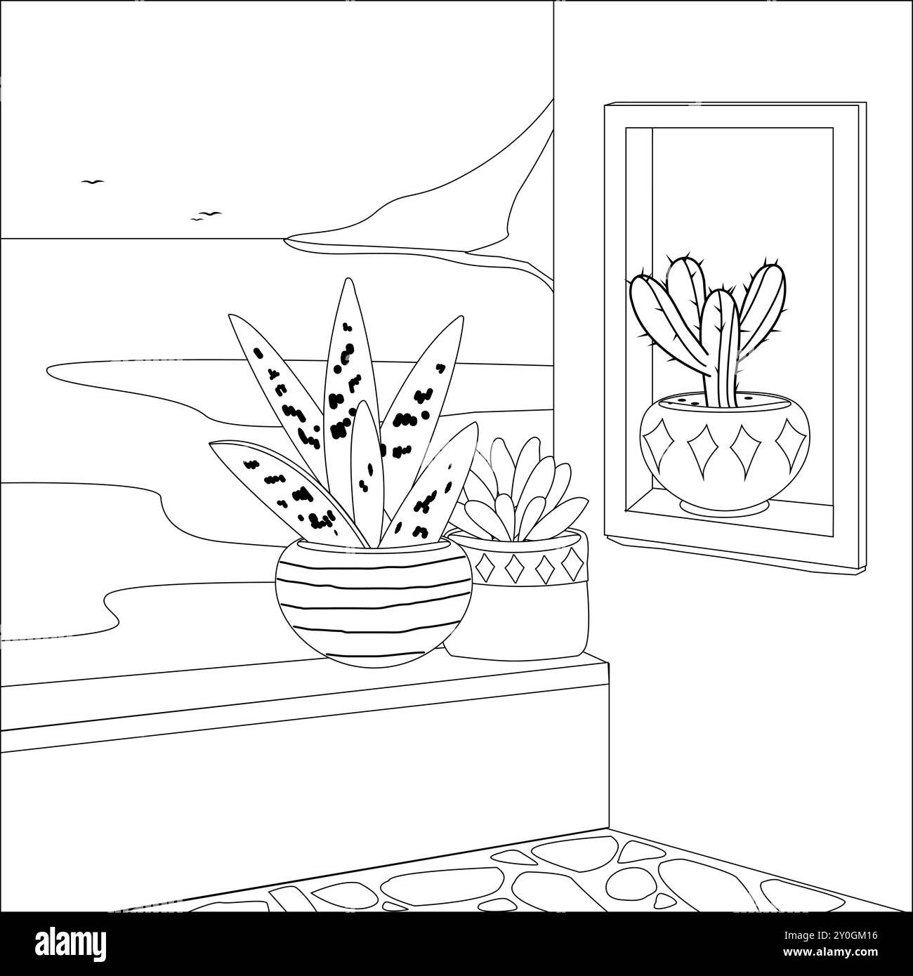 Tradizionale casa greca sull'isola con vista sul Mar Mediterraneo in estate e piante in graziose pentole di piantagione. Pagina di colorazione vettoriale in bianco e nero. Illustrazione Vettoriale