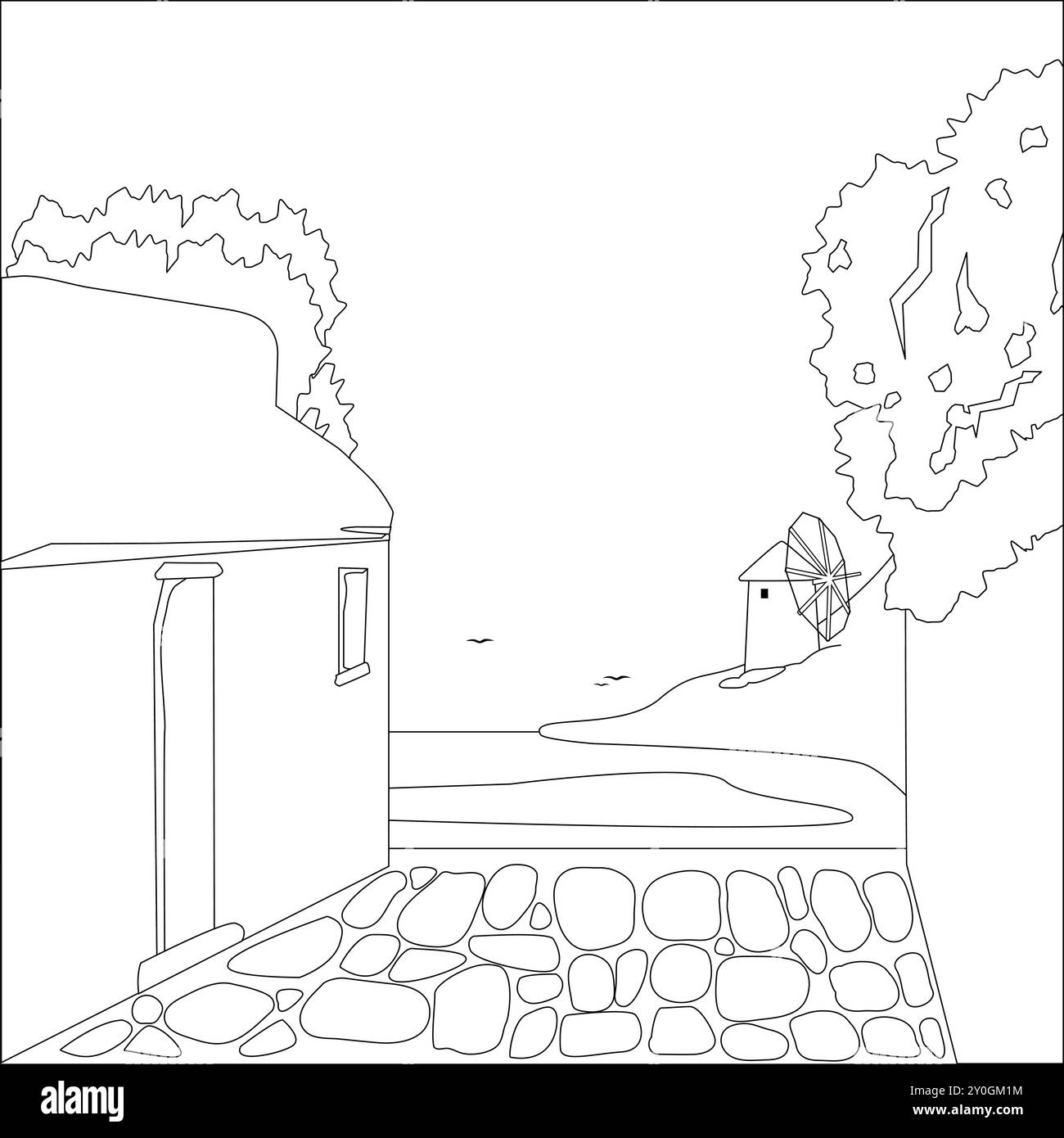 Isola greca in estate. Vicoli acciottolati, case tradizionali e mulini a vento sul mare. Pagina di colorazione vettoriale in bianco e nero. Illustrazione Vettoriale