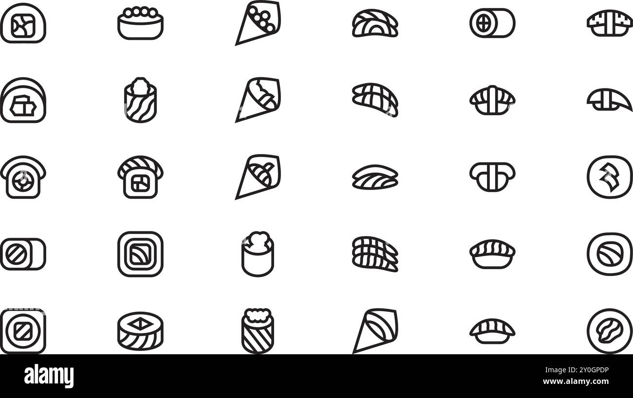 Tipi di icone di sushi Collezione di icone vettoriali di alta qualità con tratto modificabile. Ideale per progetti professionali e creativi. Illustrazione Vettoriale