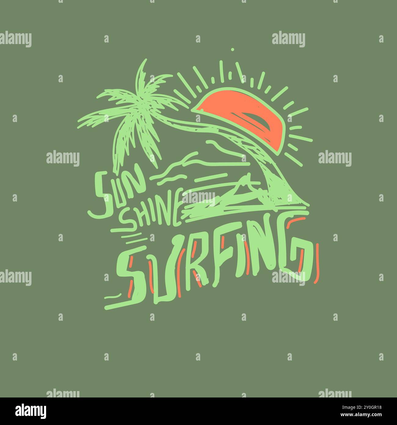 Sunshine surfing tipografia di palme tropicali disegnata a mano Illustrazione Vettoriale