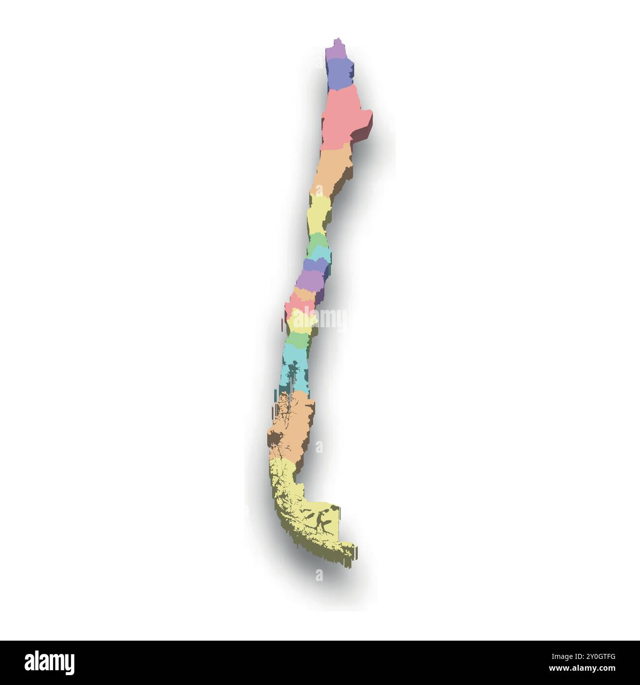 Mappa isometrica colorata 3d del Cile con i confini delle regioni Illustrazione Vettoriale