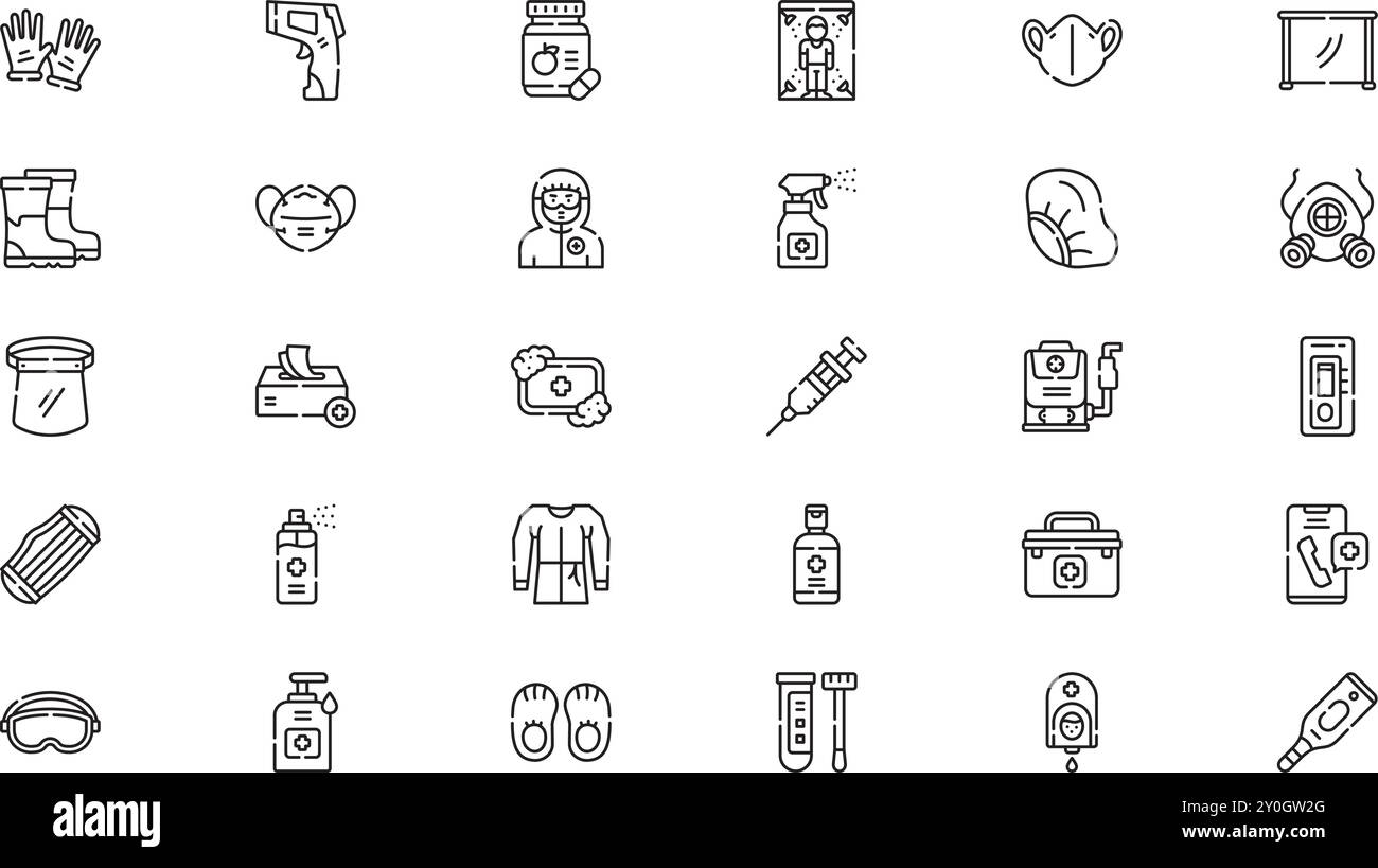 Icone delle apparecchiature di protezione COVID raccolta di icone vettoriali di alta qualità con tratto modificabile. Ideale per progetti professionali e creativi. Illustrazione Vettoriale