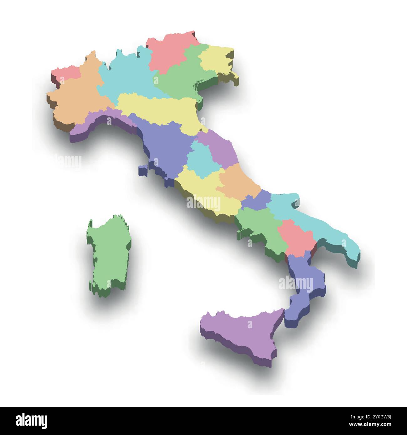 Mappa isometrica 3d colorata dell'Italia con confini delle regioni Illustrazione Vettoriale