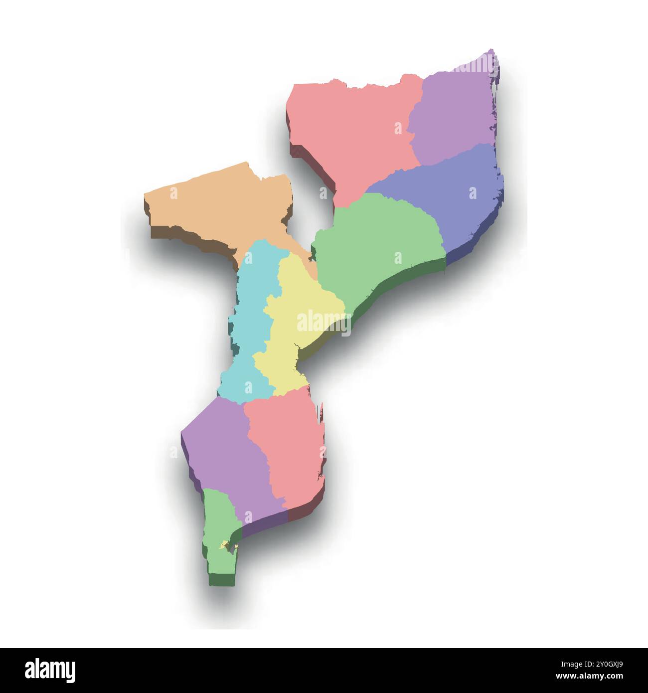 Mappa isometrica colorata 3d del Mozambico con i confini delle regioni Illustrazione Vettoriale