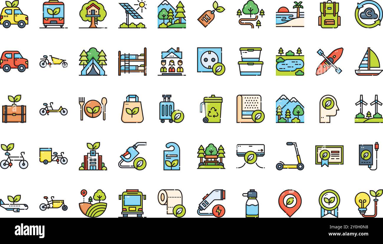 Icone di viaggio sostenibili raccolta di icone vettoriali di alta qualità con tratto modificabile. Ideale per progetti professionali e creativi. Illustrazione Vettoriale