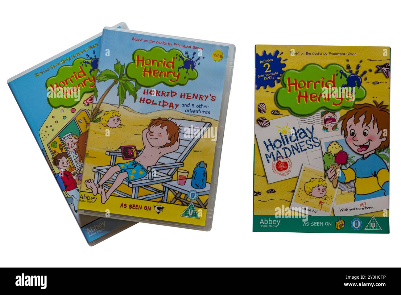 Horrid Henry's Holiday Madness doppio DVD Pack isolato su sfondo bianco basato sui libri di Francesca Simon Foto Stock