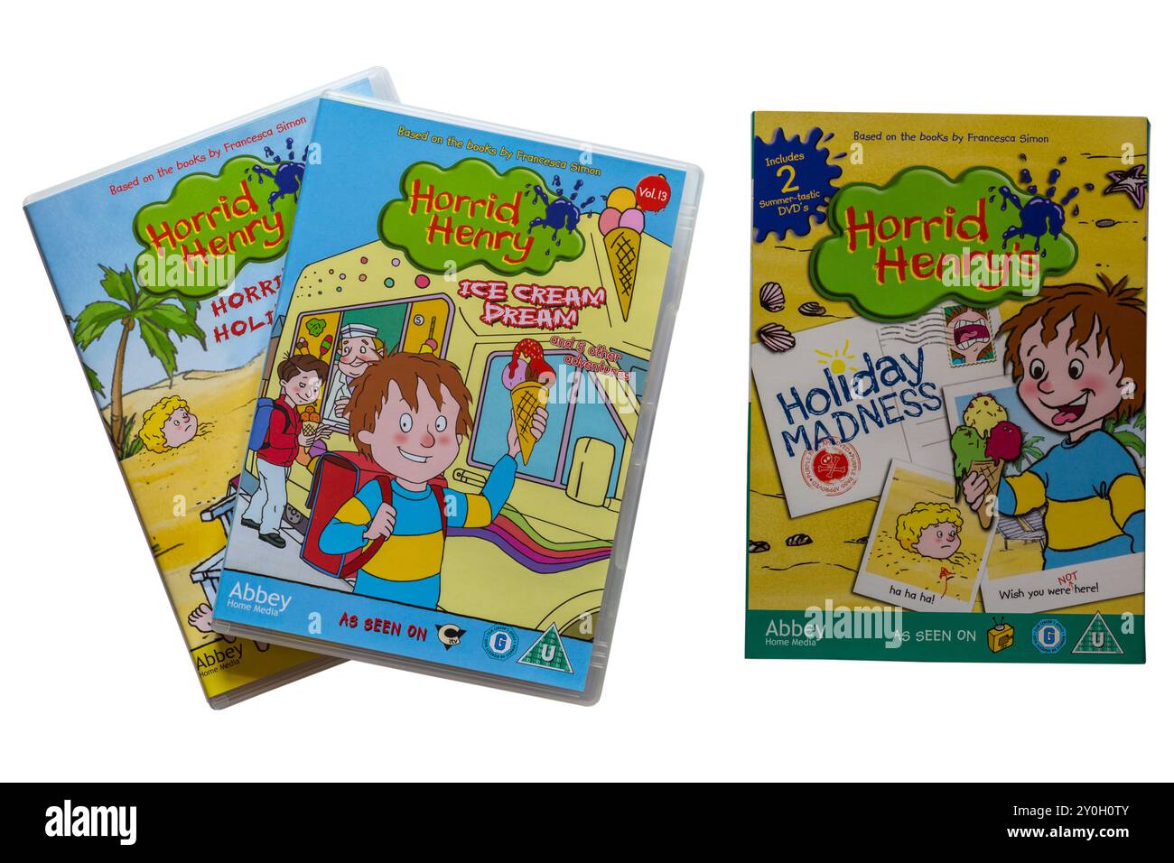 Horrid Henry's Holiday Madness doppio DVD Pack isolato su sfondo bianco basato sui libri di Francesca Simon - Horrid Henrys gelato Dream Foto Stock