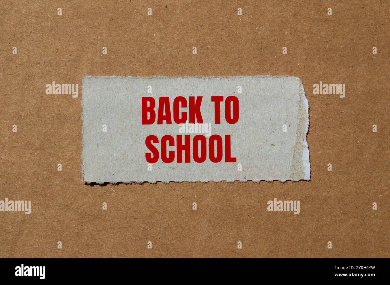 Messaggio di ritorno a scuola scritto su un pezzo di carta strappato con sfondo in cartone. Simbolo concettuale di ritorno a scuola. Copia spazio. Foto Stock
