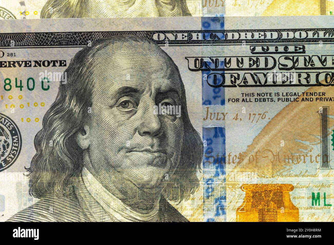 Un primo piano di cento dollari americani, dettagli di una banconota da 100 dollari americani Foto Stock
