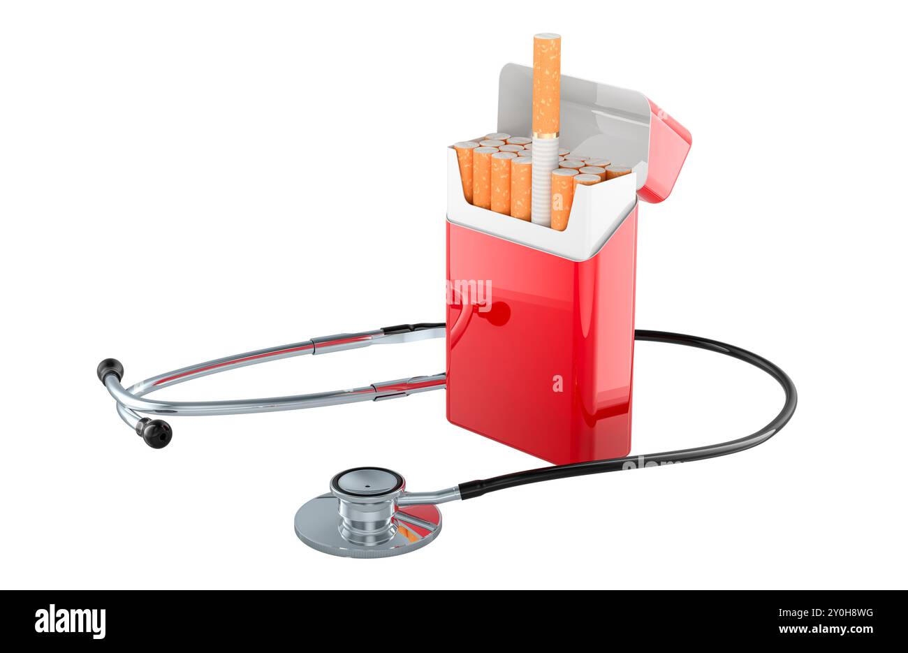 Malattie respiratorie e polmonari dal fumo, concetto. Confezione di sigarette con stetoscopio. Rendering 3D isolato su sfondo bianco Foto Stock