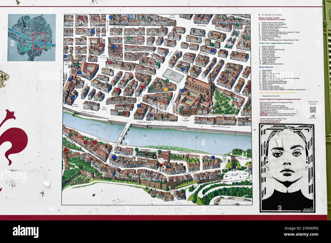 Street art di Ache77 su una mappa della città di Firenze, Toscana, Italia Foto Stock