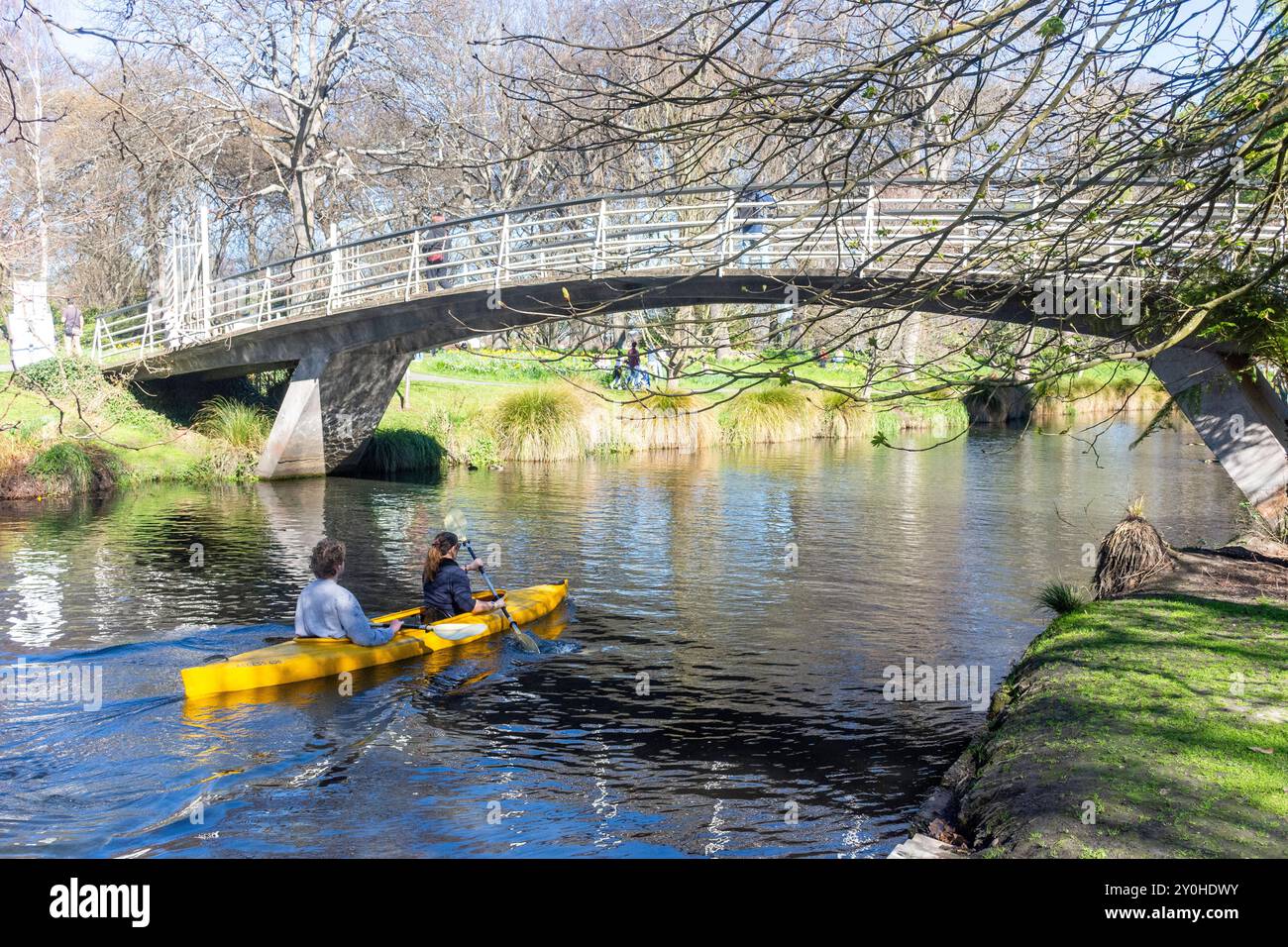 Woodland Bridge sul fiume Avon, Christchurch Botanical Gardens, Christchurch Central, Christchurch (Ōtautahi), Canterbury, nuova Zelanda Foto Stock