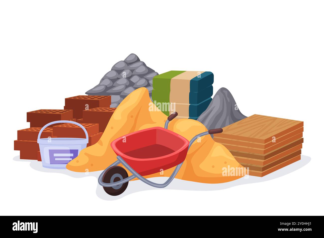 I materiali si accumulano. Materiali da costruzione, mattoni sabbia tavole di legno pietre e cemento. Lavori di rifinitura per lavori di ristrutturazione, elementi vettoriali Illustrazione Vettoriale