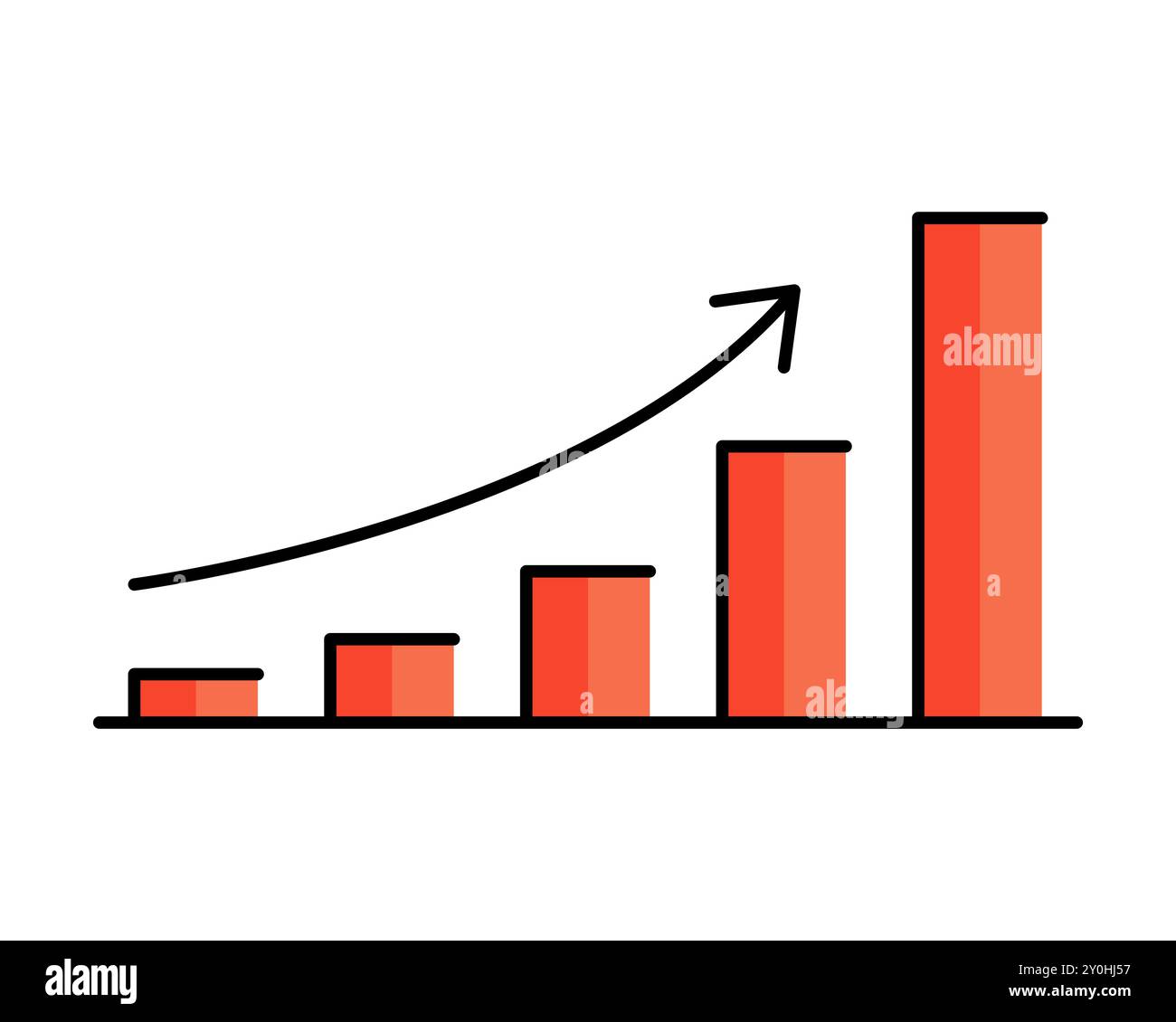 Grafico di crescita aziendale con un grafico a barre con barre ascendenti e una freccia verso l'alto che simboleggia il successo finanziario e l'aumento della produttività. Concetto di profitto Illustrazione Vettoriale
