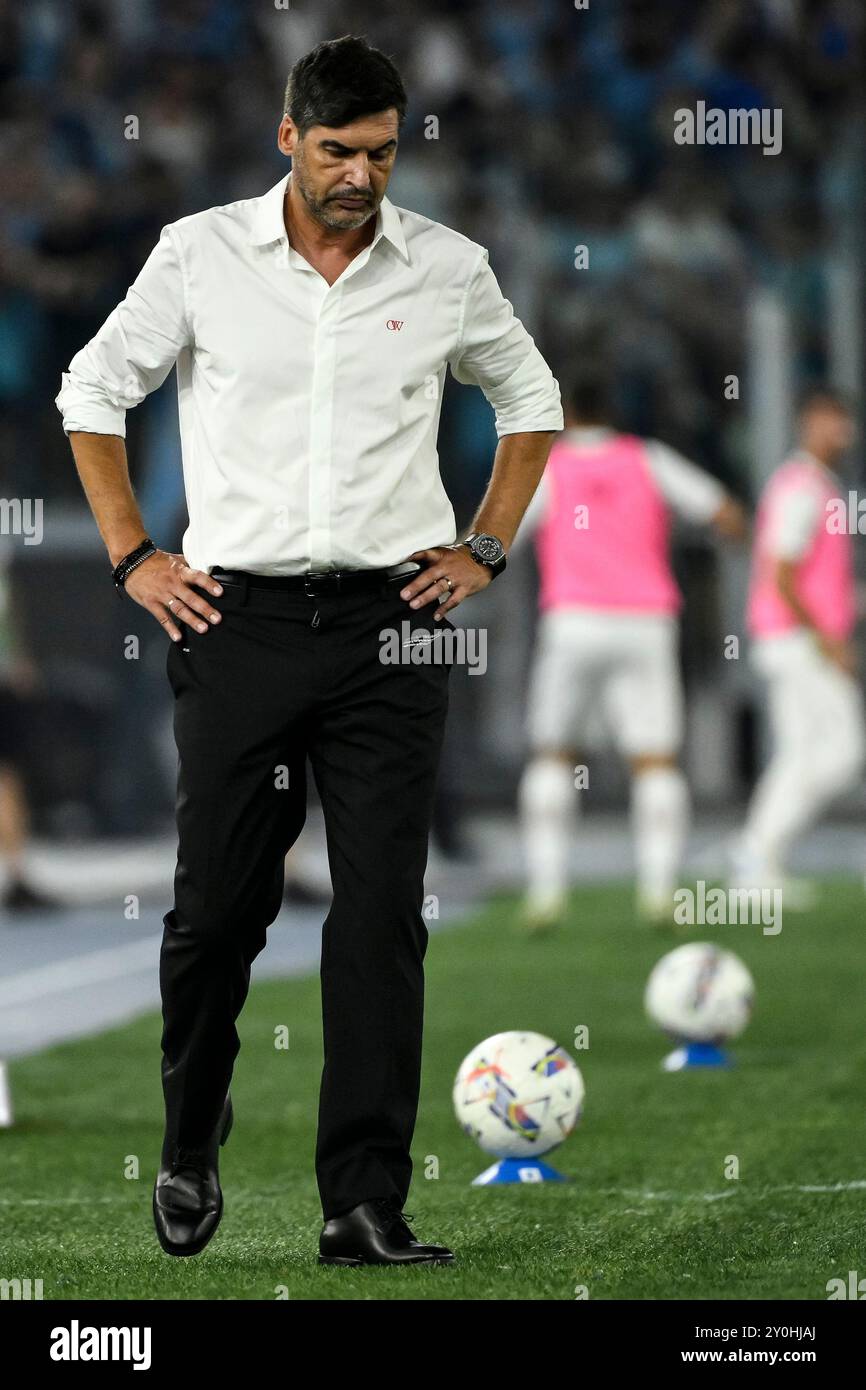 Paulo Fonseca, allenatore dell'AC Milan, durante la partita di serie A tra SS Lazio e AC Milan allo stadio Olimpico di Roma (Italia), 31 agosto 2024. Foto Stock