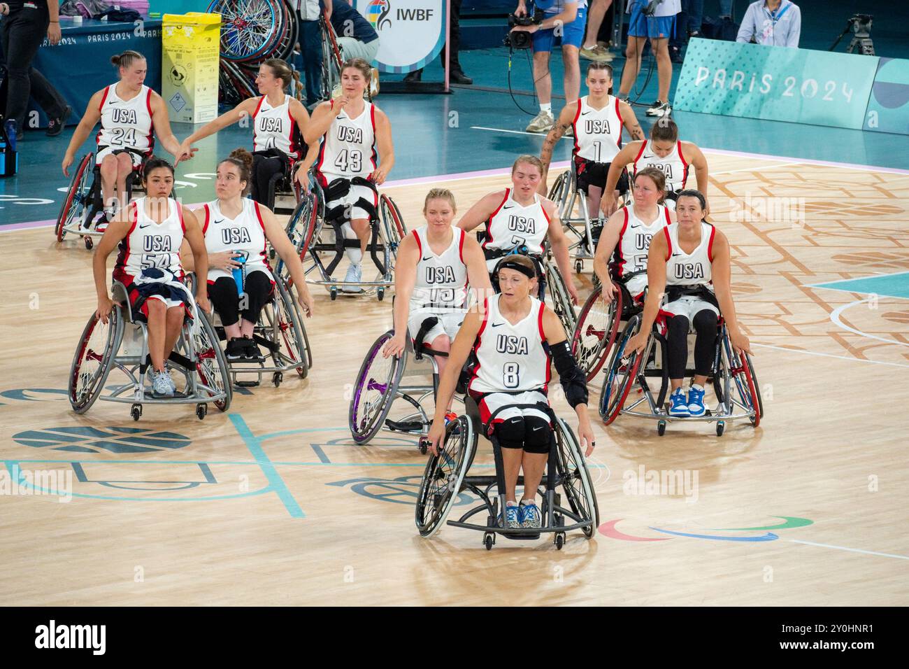 Parigi, Francia. 2 settembre 2024. Paralimpiadi, Parigi 2024, pallacanestro su sedia a rotelle femminile, gruppo B, Giappone - USA, giocatori di squadra degli Stati Uniti, Bercy Arena, . Crediti: Jacques Julien / Alamy Live News Foto Stock